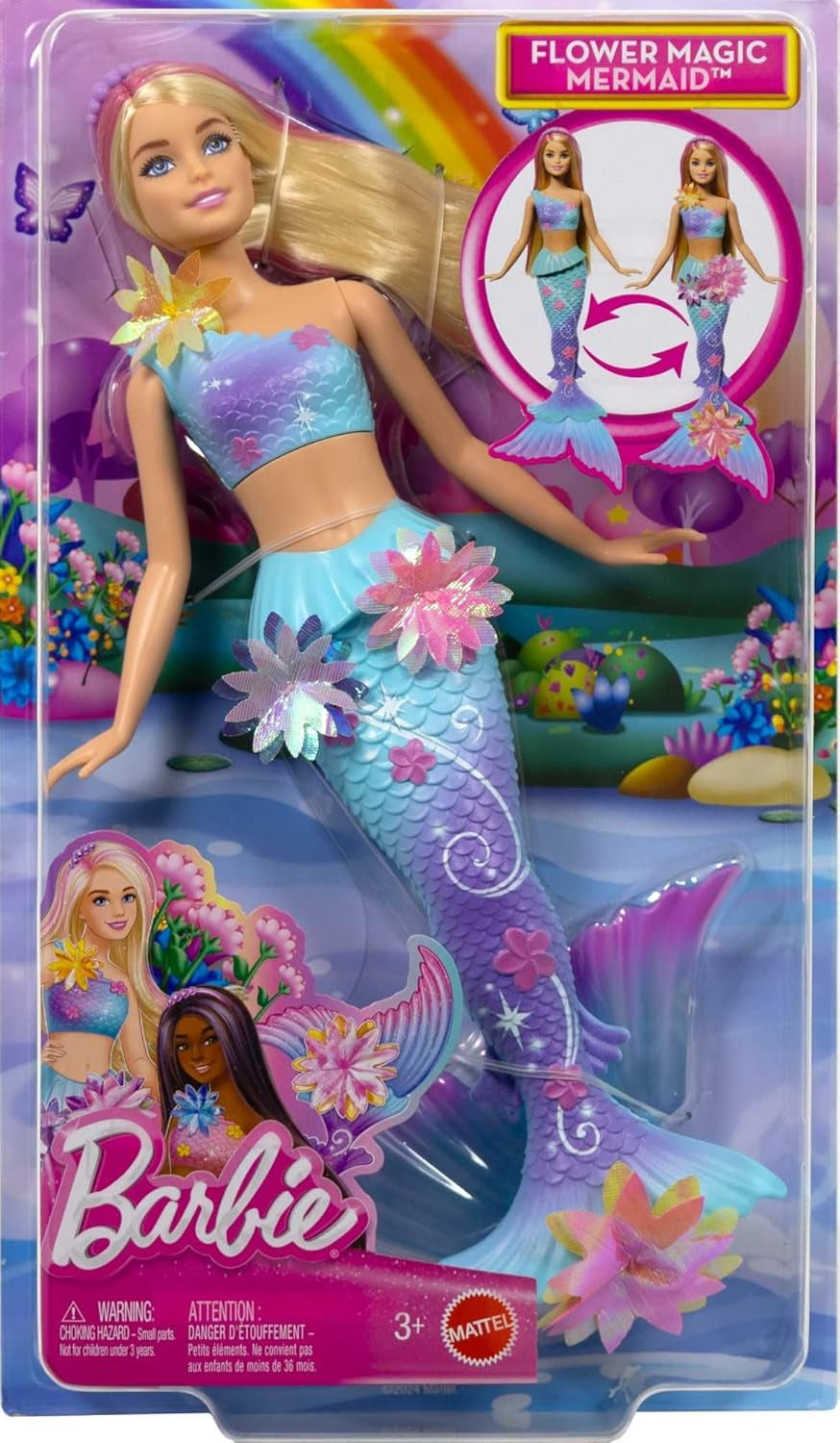 Barbie Meerjungfrauen-Spielzeug Puppe mit magischer Überraschungs Blüte, Schwanzflosse mit Farbverlauf, perlesnbesetzten Hair et long blonden Hair mit rosa Strehchen, JDM72