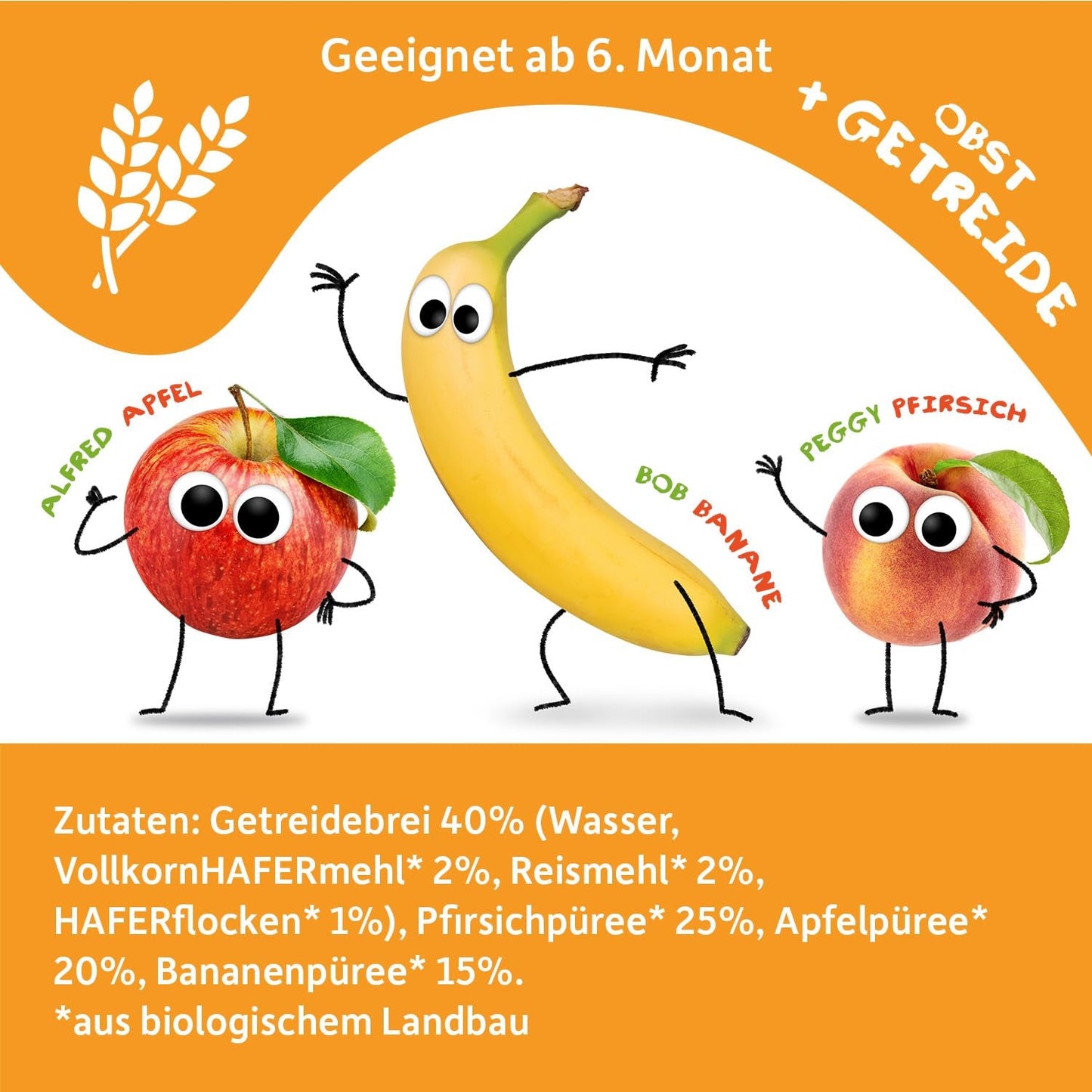 FRECHE FREUNDE Pêche Pomme Banane Avoine Purée de Fruits Bio avec Céréales dans un Sachet Pressable pour Bébés à partir de 6 Mois Vegan 6 Pack (6 x 100g)