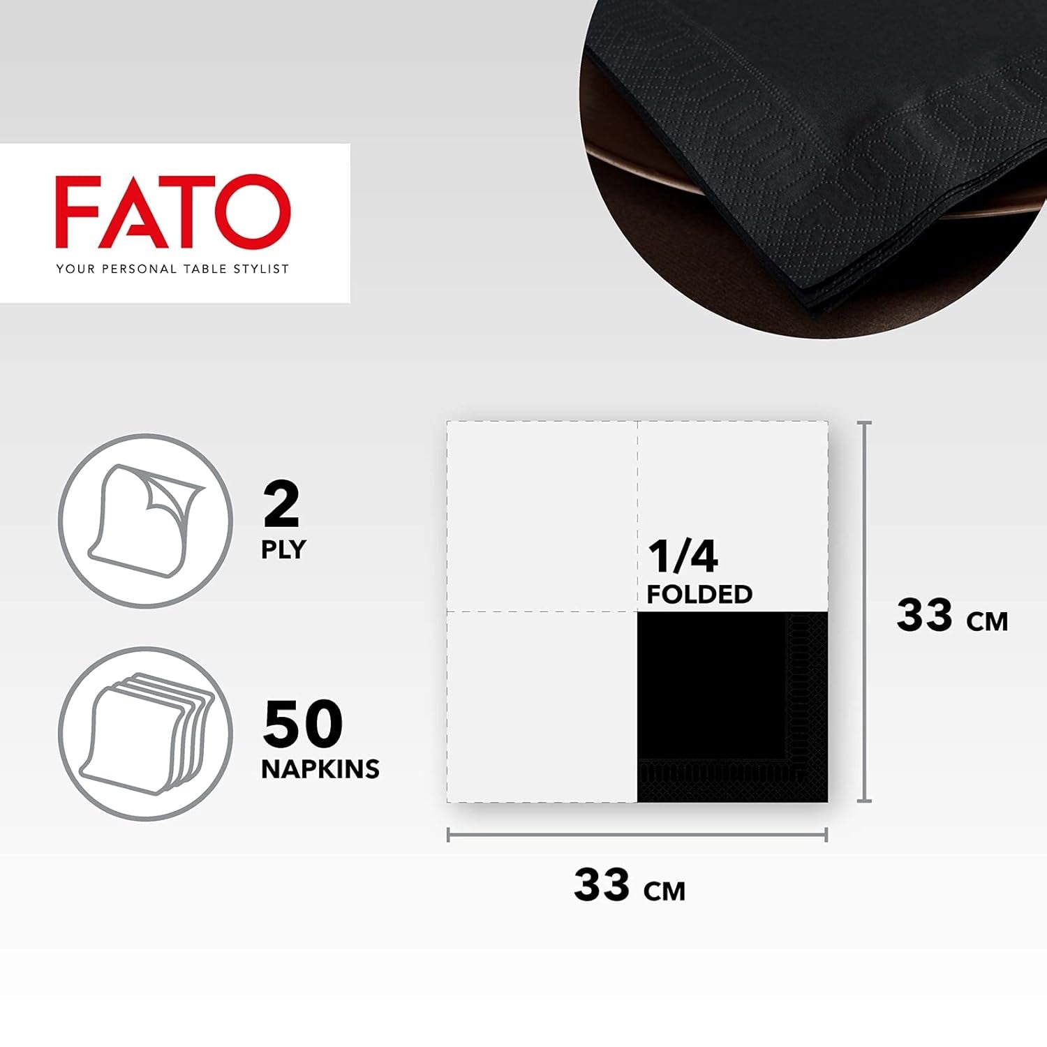 , Serviettes en papier jetables, idéales pour les déjeuners et buffets décontractés, paquet de 50 serviettes, taille 33 x 33, 4 épaisseurs, 2 épaisseurs, noires, certifiées FSC (lot de 2)