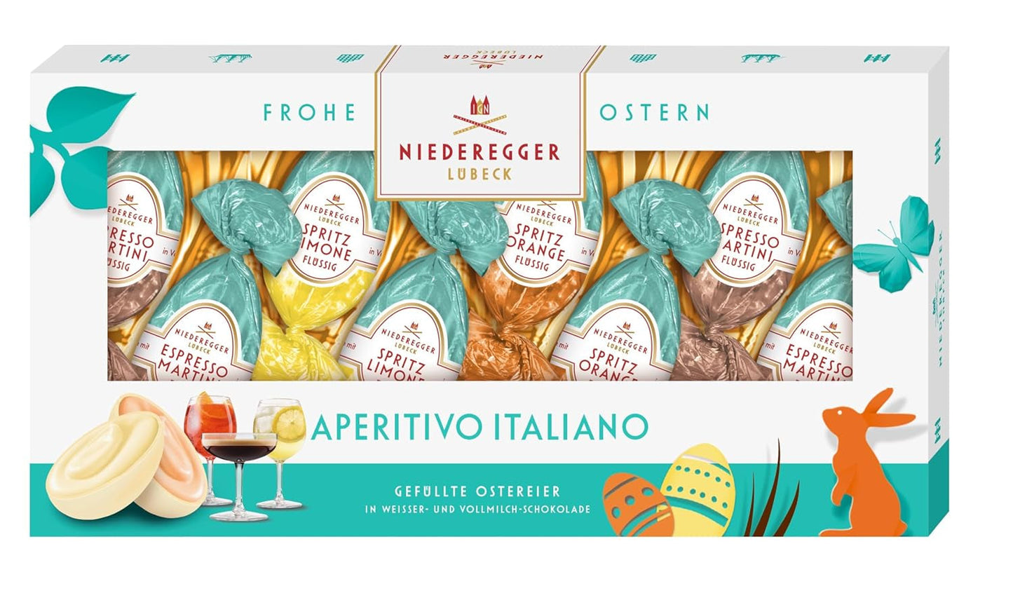 Niederegger | Œufs pralinés | Apéritif italien | 1x100g | Œufs farcis aux saveurs Lemon Spritz, Orange Spritz et Espresso Martini | Enrobé de chocolat au lait et blanc | Cadeau de Pâques