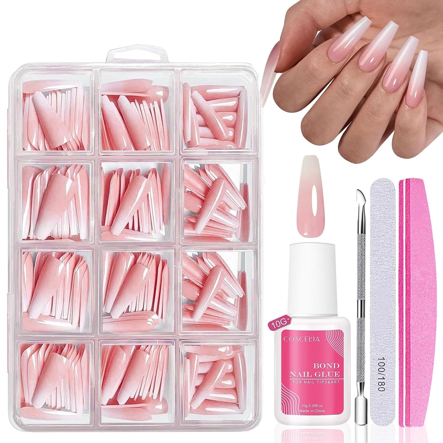 Ensemble de faux ongles – 240 pièces de faux ongles français à coller – Rose blanc dégradé design ongles artificiels couverture complète en gel doux naturel et confortable à porter (rose amande)