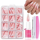 Ensemble de faux ongles – 240 pièces de faux ongles français à coller – Rose blanc dégradé design ongles artificiels couverture complète en gel doux naturel et confortable à porter (rose amande)
