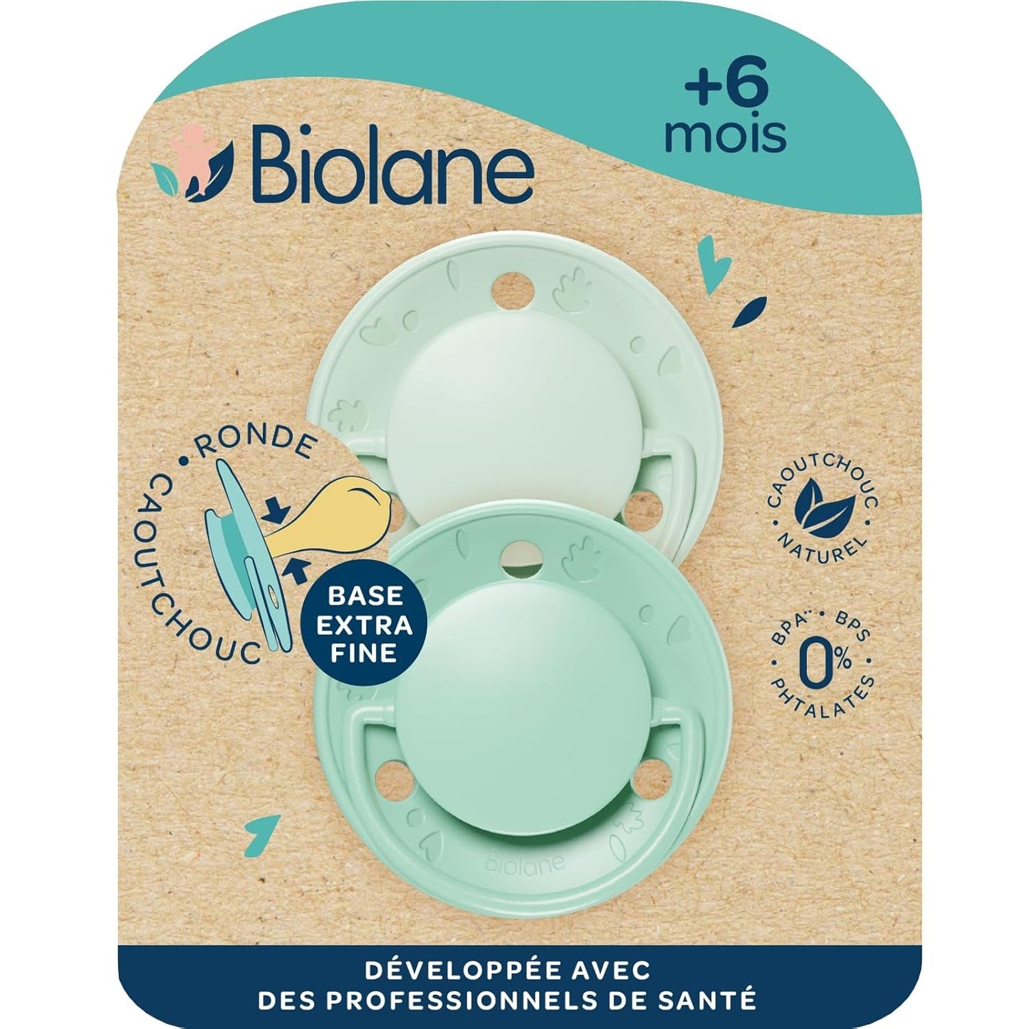 BIOLANE - Tétine ronde - Sucette extra fine - 6+ mois - Bicolore vert - Tétine en caoutchouc naturel - Pour le développement buccal - Douce et confortable