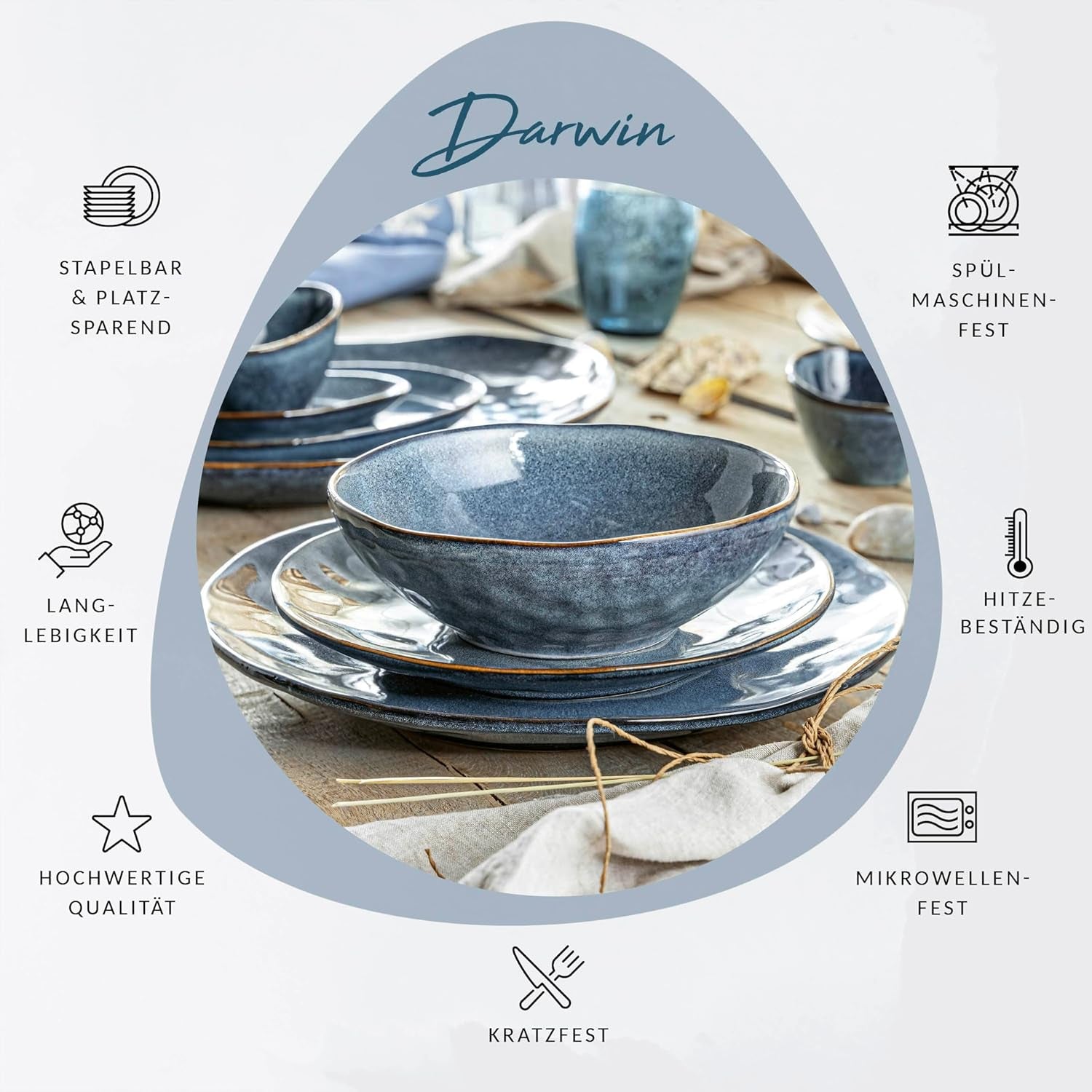 SANGER | Service de table Darwin 12 pièces, service de table en grès pour 4 personnes, service de table bleu comprenant des assiettes plates, des assiettes à dessert et des assiettes creuses, un service de table fait main | LA COLLECTION PREMIUM