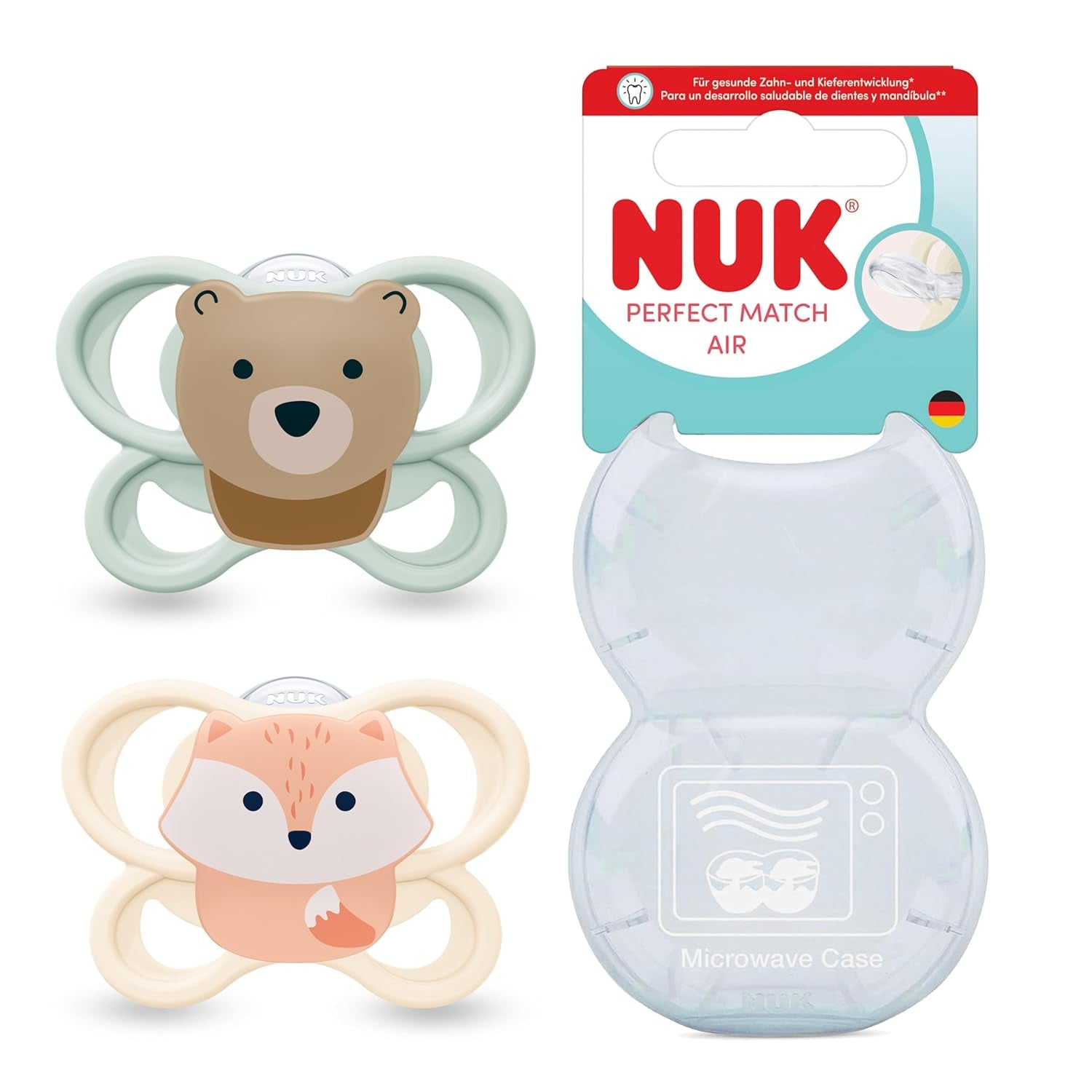 Sucettes NUK Perfect Match Air pour bébés | 0-6 mois | Orthodontic pacifiers that promote air circulation and prevent drooling | 95 % d'acceptation par les bébés** | Renard/ours en peluche | Paquet de 2