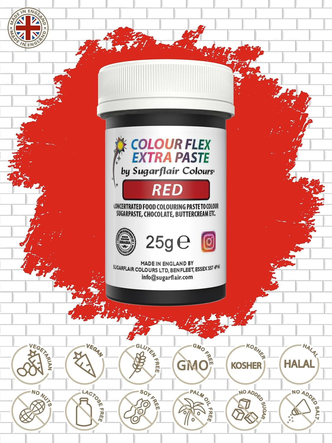 Colorant alimentaire Sugarflair Colourflex Extra Paste, rouge - Colorant alimentaire comestible pour crème au beurre, chocolat, pâte à sucre, glaçage, fondant, mélanges à gâteaux, pâte et plus - 25g
