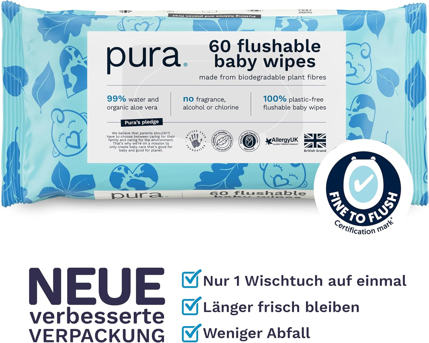 Lingettes jetables écologiques pour peau sensible de bébé, 70 lingettes (1 paquet) 99 % d'eau, 100 % sans plastique, pour peaux sensibles sujettes à l'eczéma, nouveau-né, biodégradables, végétaliennes