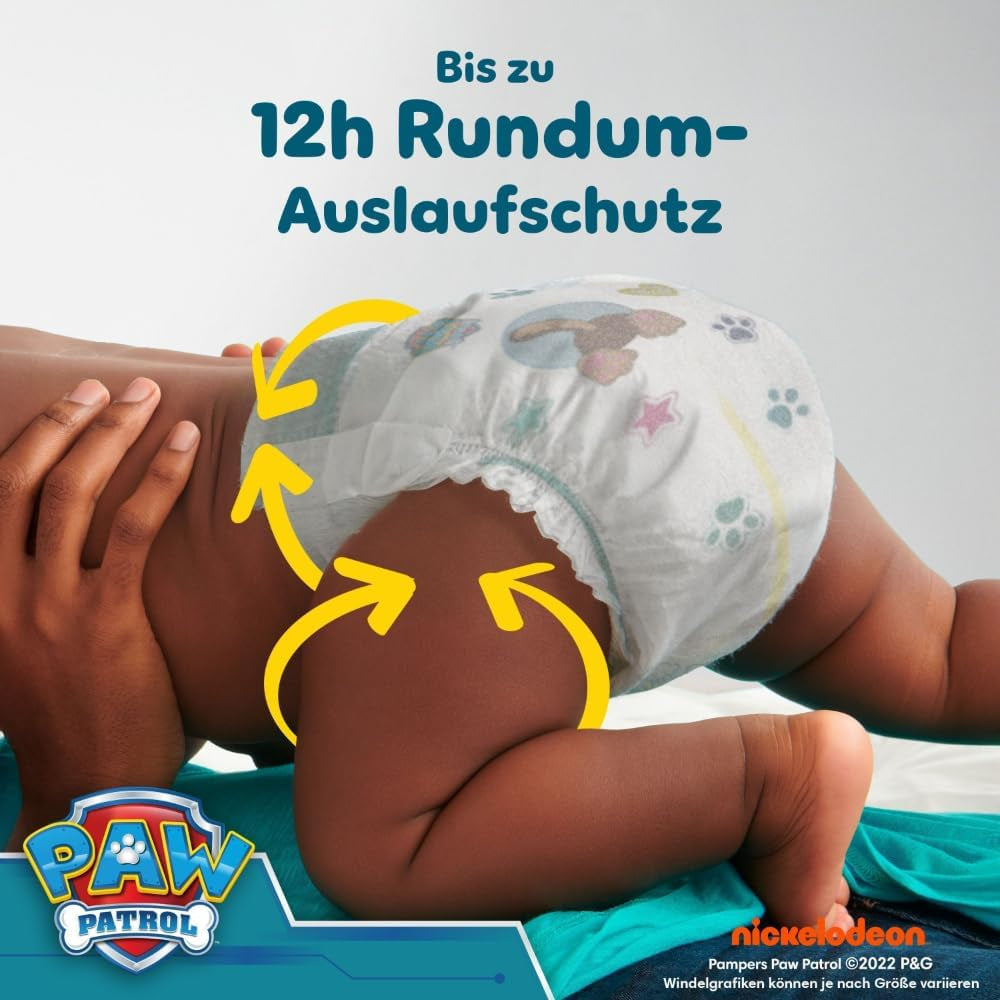 Couches Pampers Baby-Dry Puppy Patrol Edition, taille 5, 186 couches, 11 kg - 16 kg, protection contre les fuites jusqu'à 100 % et confort toute la nuit