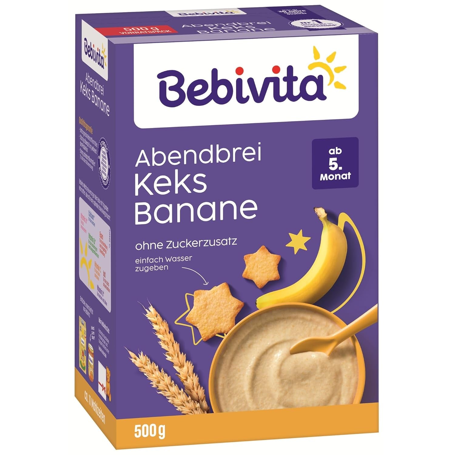 Bouillie du soir aux biscuits et bananes (4x500g), bouillie de lait à partir de 5 mois, sans sucre ajouté, avec minéraux et vitamines précieux, très nourrissante