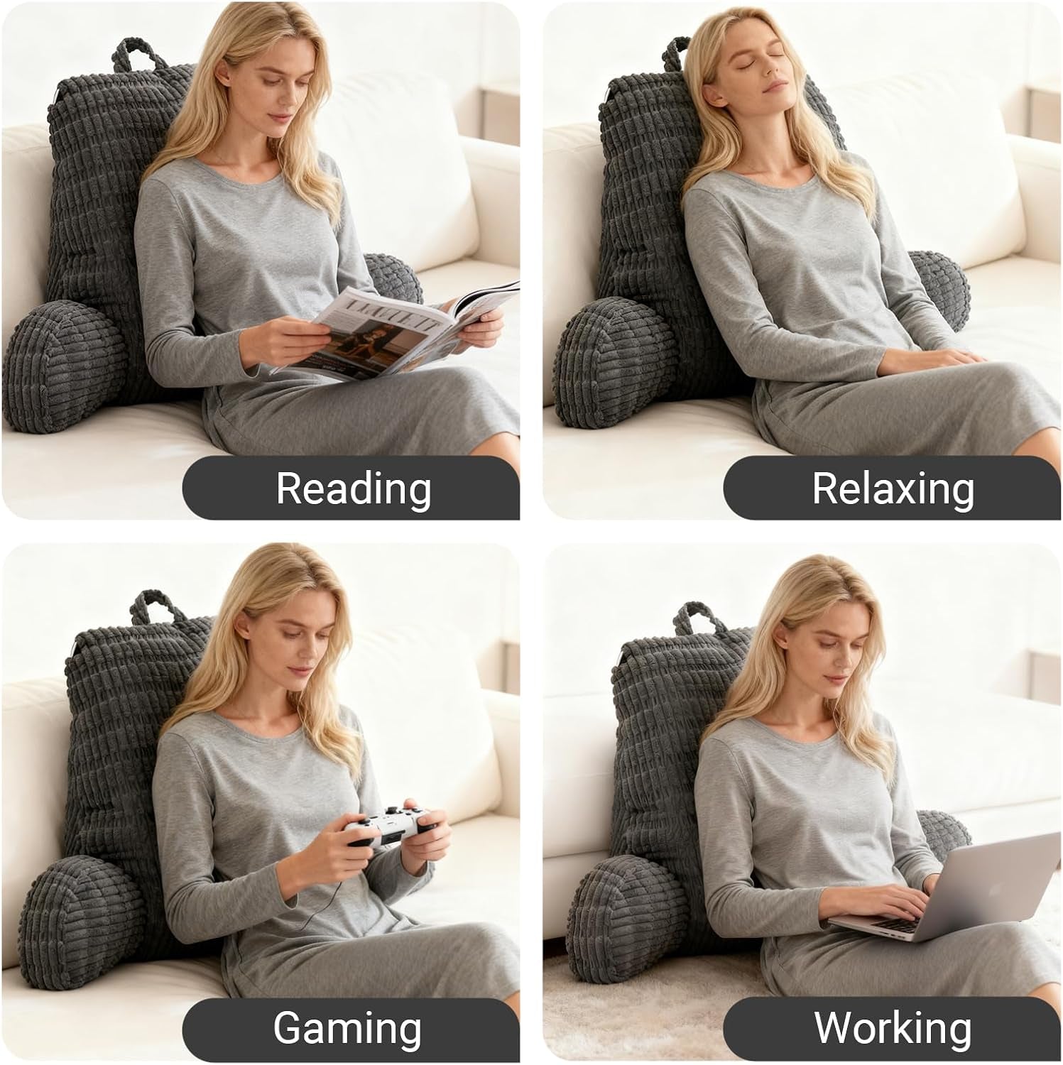 Oreiller de lecture pour lit et canapé, oreiller de lecture avec repose-poignets, accoudoirs et support dorsal, oreiller de dos de lit pour se reposer, se détendre, lire, travailler sur un ordinateur portable, regarder la télévision (gris foncé)