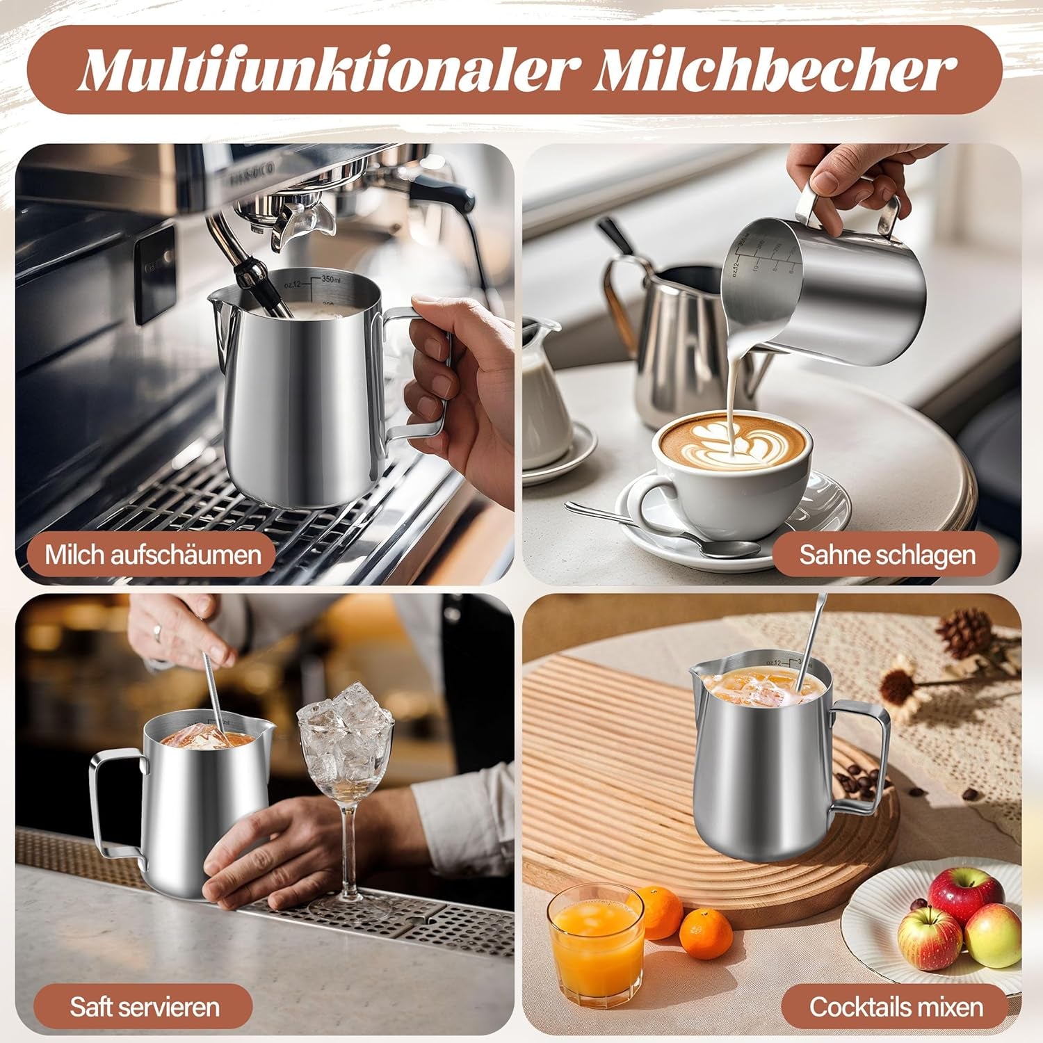 Tasse à lait, tasse à lait en acier inoxydable de 350 ml avec marque de mesure, accessoire Barista, tasse à lait pour cappuccino, expresso, latte art, amateurs de café, argent, 355 ml