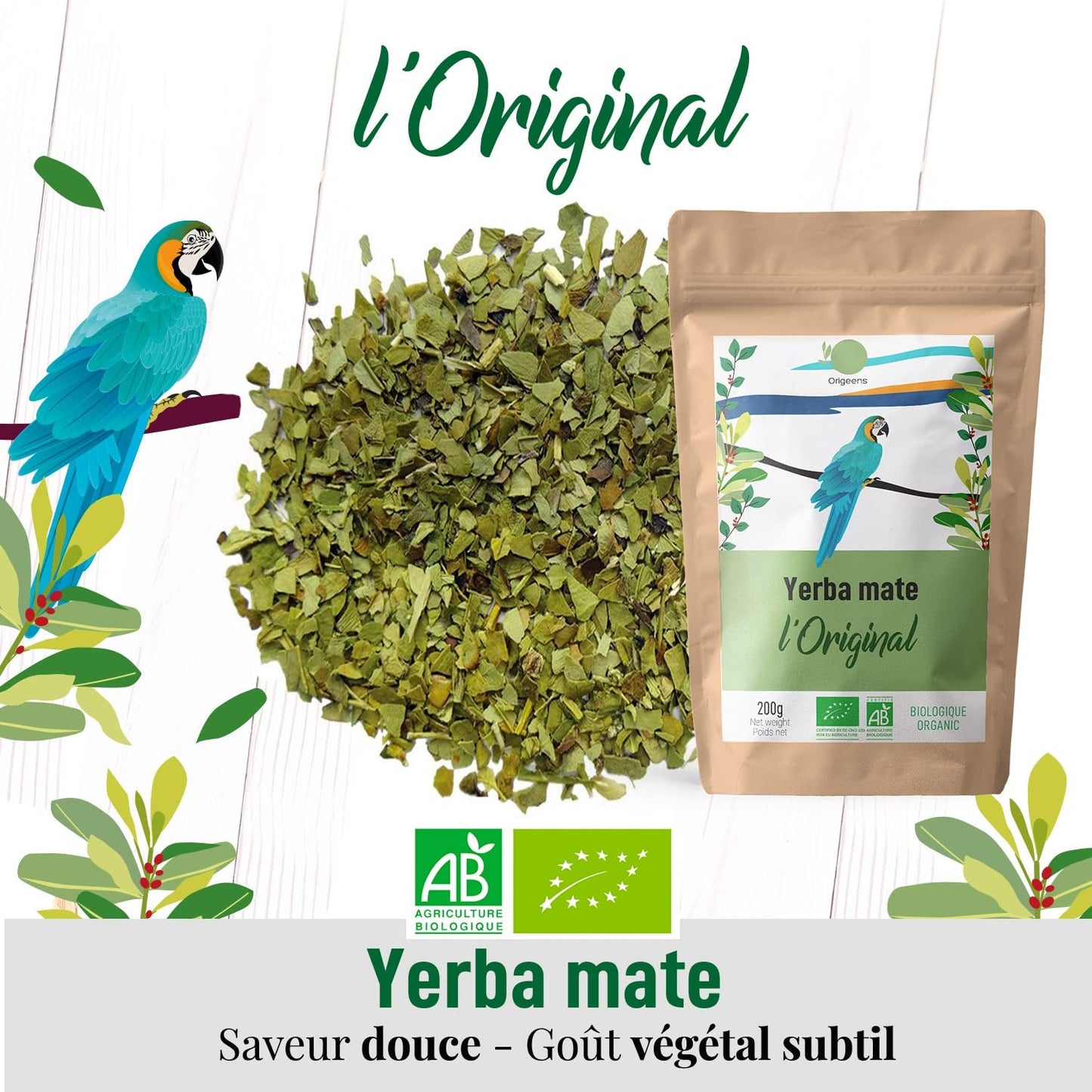 ORIGEENS BIO YERBA MATE TEA 200G - L'Original I Yerba Mate Bio non torréfié, sans feuilles, sans tiges, sans poussière et sans miettes I Boisson énergisante et détoxifiante