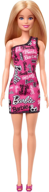 Poupée Barbie Fashion aux cheveux blonds raides en robe extensible rose à une épaule et chaussures avec logo imprimé HRH07 Naty Shop Dolls