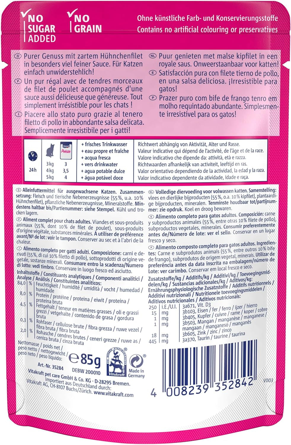 Vitakraft Poésie Délice, Nassfutter Katze, Katzennassfutter en sauce, avec poulet, Vorratspackung, ohne Zusatz von Zucker und Getreide (23x 85g)