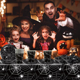 Ensemble de couverts en papier Halloween Spider de 49 pièces comprenant des assiettes, des serviettes, des verres et une nappe. Vaisselle noire avec assiettes à dessert, serviettes et verres.