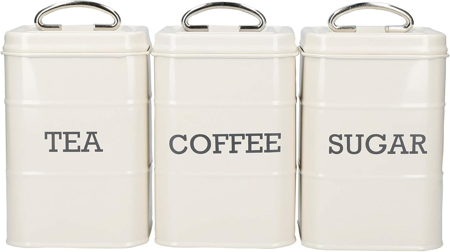 KitchenCraft Living Nostalgia Lot de 3 pots de conservation pour thé, sucre, café, boîte cadeau en acier crème antique 11 cm x 11 cm x 17 cm, bleu vintage, boîtes de conservation des aliments Naty Shop Vintage bleu