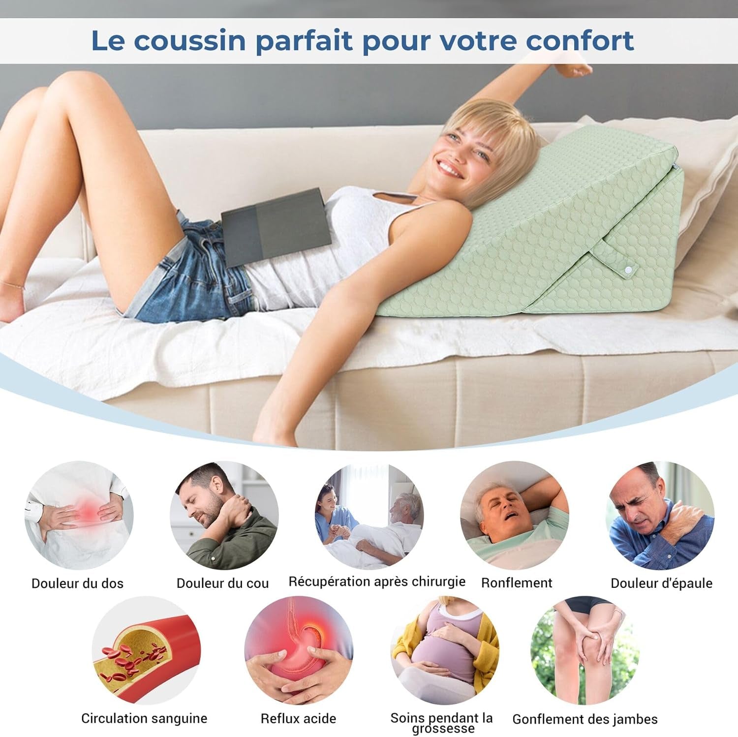 INFANZIA Oreiller compensé pour lit, oreiller d'angle, oreiller triangulaire, pliable, mousse à mémoire de forme, apnée du sommeil, reflux acide, élévation des jambes, lecture, vert