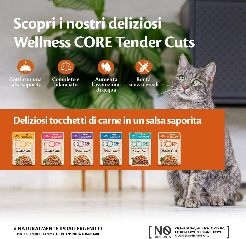 Wellness CORE Tender Cuts 6 x 85g, Chicken Selection Mix - Nourriture humide pour chats, morceaux tendres en sauce, sans céréales, naturelle, hypoallergénique, riche en protéines, haute teneur en viande