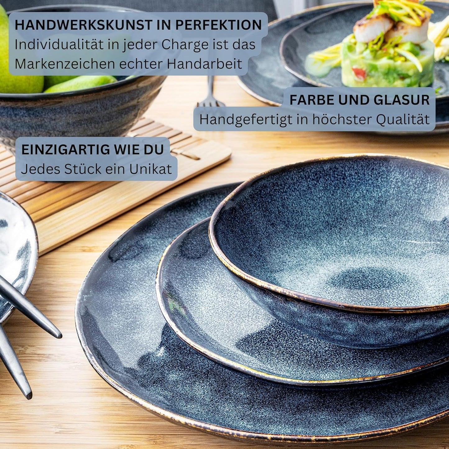 Sanger | Service de table Tokyo 36 pièces Service de table en porcelaine pour 12 personnes Vaisselle moderne faite à la main bleu foncé avec accents noirs | LA COLLECTION PREMIUM
