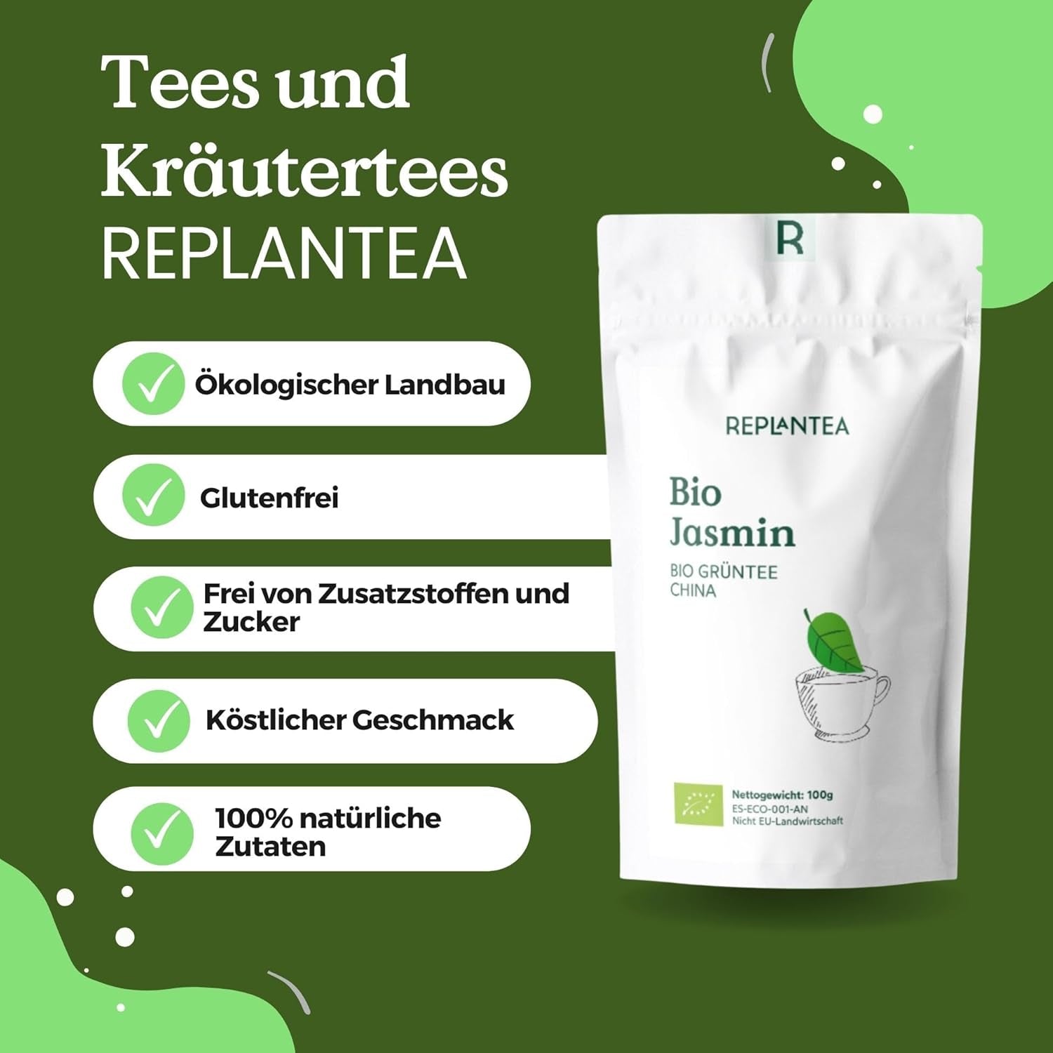 Thé vert bio au jasmin 100 g (50 tasses) | Thé au jasmin de Chine en vrac, qualité biologique REPLANTEA