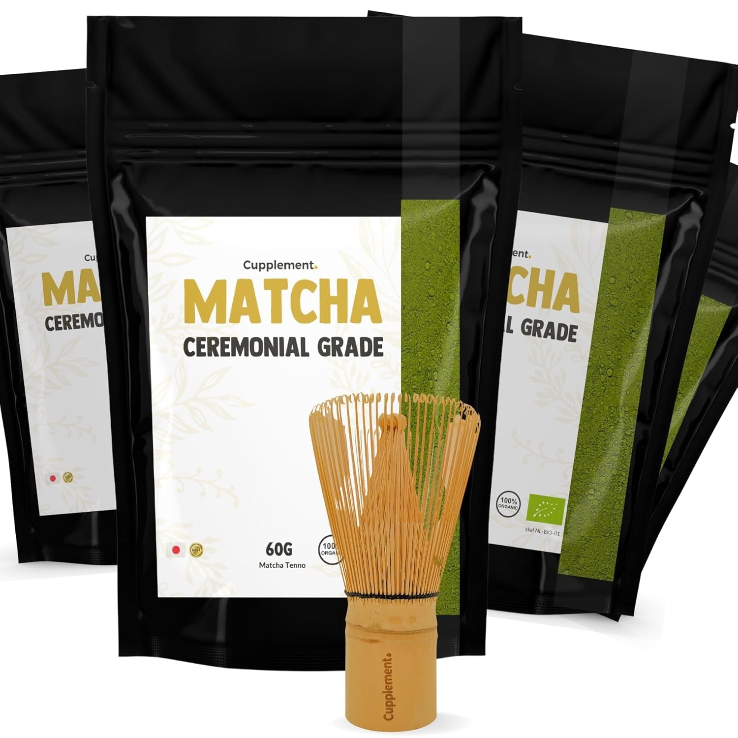 Cupplement Matcha 90 grammes bio - Thé vert en poudre de la plus haute qualité - Sans fouet ni fil de bambou - Culunaire - Coffret débutant - Latté - Fouet - Japon - Poudre - Thé - Fil - Sachet - Smoothie