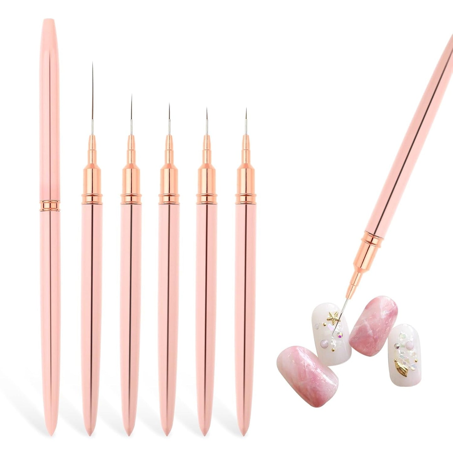 Nail Art Liner-Brush 5-Teiliges Gel-Nagellack-Malerei-Nagel-Punkt-Zeichnungs-Werkzeug für Lange Linien Kunst-Design-Stift-Set Metallgriff Nail-Art-Design-Binsel for Frauen