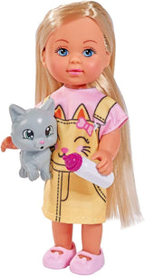 Simba 105733591 - Evi Love Kitty 2 façons de correspondre, UN seul article sera expédié Poupée dans une jolie robe de chat avec chatons et biberon 12 cm Poupée de jeu à partir de 3 ans