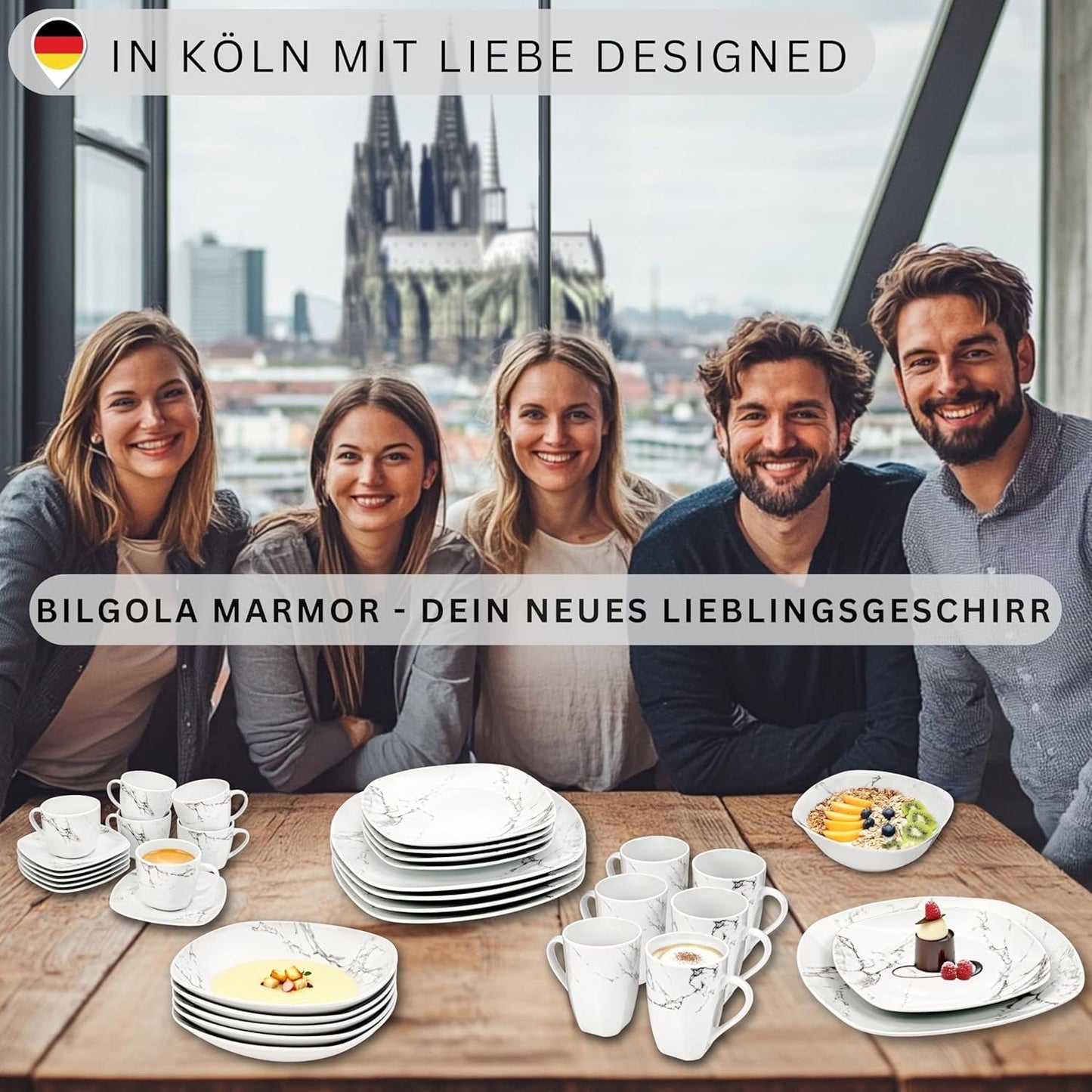 SANGER | Service de table combiné en marbre Bilgola, service de table 36 pièces pour 6 personnes avec assiettes plates, assiettes à dessert, assiettes Suma, bols à céréales, assiettes à café et soucoupes en porcelaine, carré | LA COLLECTION PREMIUM
