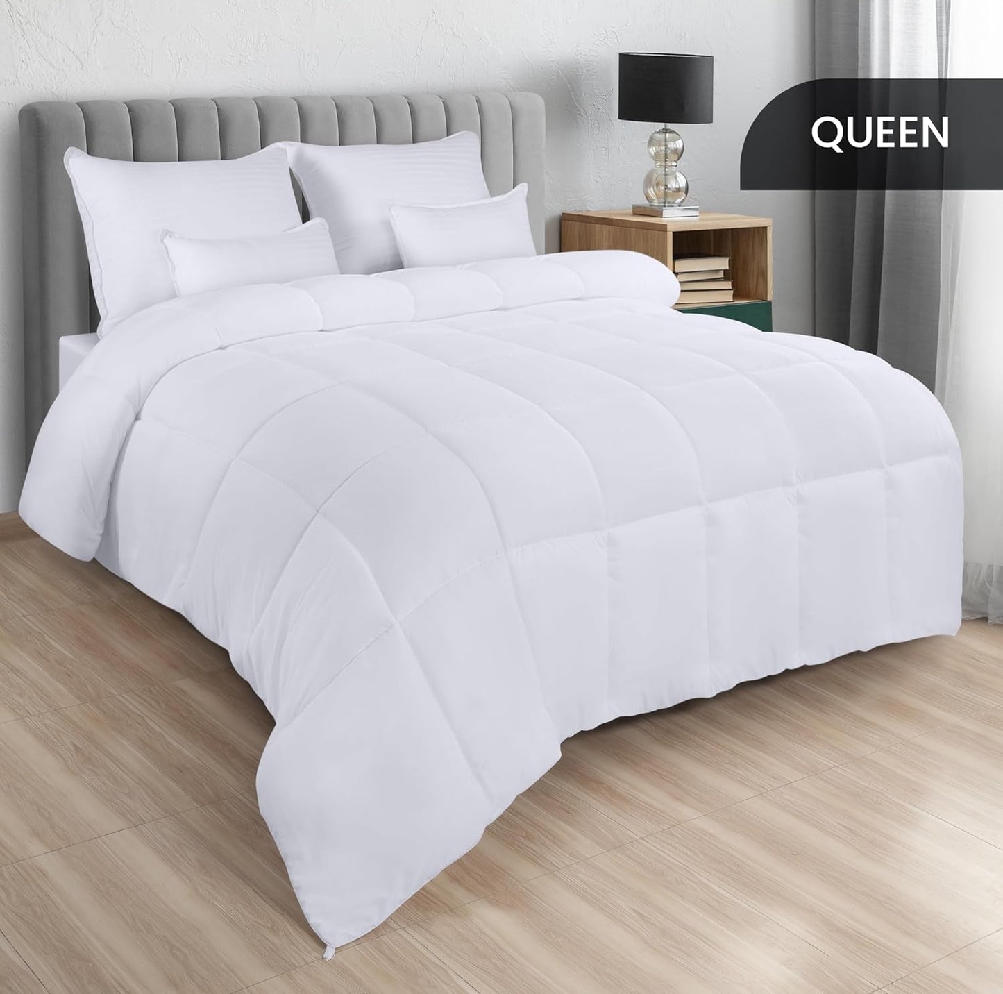 Housse de couette en duvet Utopia (Blanc, Queen) - Pour toutes les saisons - Remplissage de fibres de peluche siliconées - Courtepointes et courtepointes cousues en boîte Naty Shop