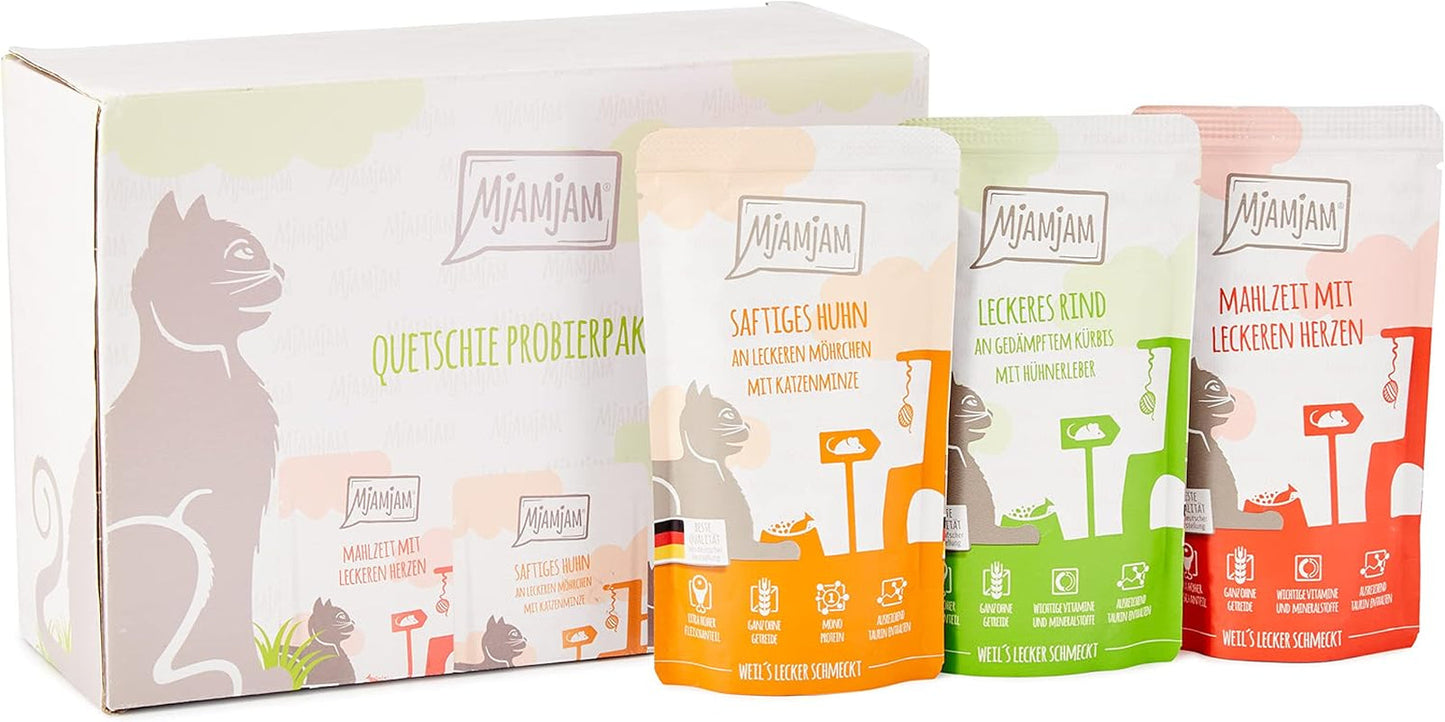 MjAMjAM - Nourriture humide de qualité supérieure pour chats - Pack mixte I - Poulet, bœuf, cœurs, paquet de 12 (12 x 125 g), sans céréales avec viande supplémentaire