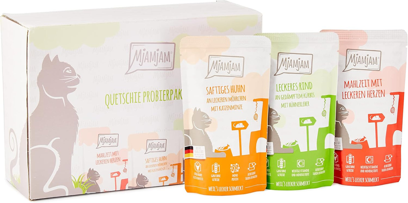 MjAMjAM - Nourriture humide de qualité supérieure pour chats - Pack mixte I - Poulet, bœuf, cœurs, paquet de 12 (12 x 125 g), sans céréales avec viande supplémentaire
