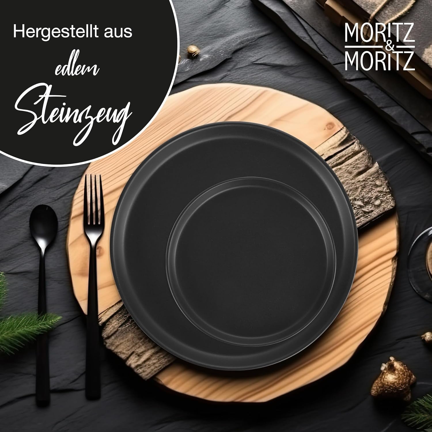Moritz & Moritz Service de table NORDIC pour 6 personnes – Service de table 18 pièces en grès noir – Design scandinave – Service de table robuste pour 6 personnes pour un usage quotidien et les invités – Service de table combiné