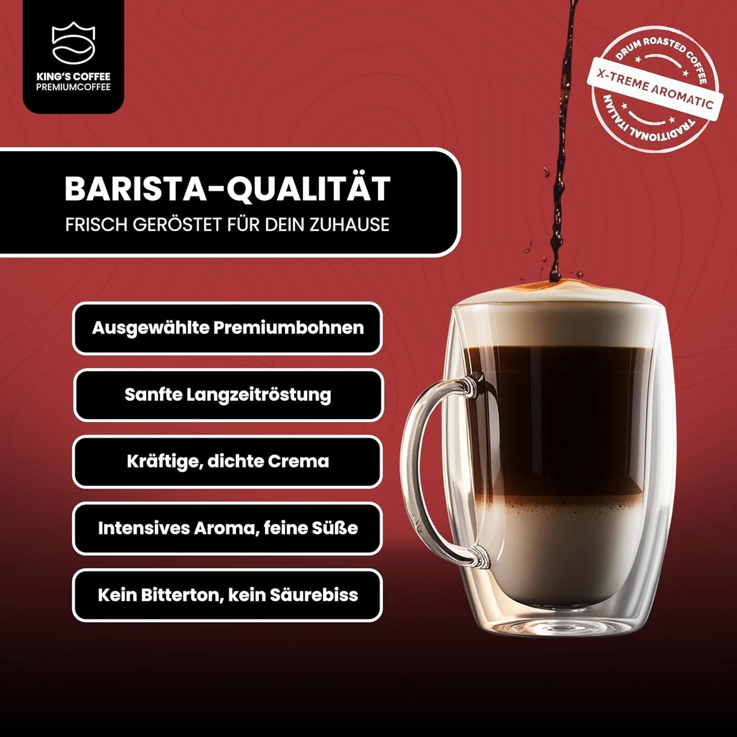 KING'S COFFEE - EXTREME ROAST - Espresso Intenso en grains - très faible acidité - torréfaction en petits lots d'Italie - grains de café pour machines entièrement automatiques et machines à porte-filtre - 1 kg