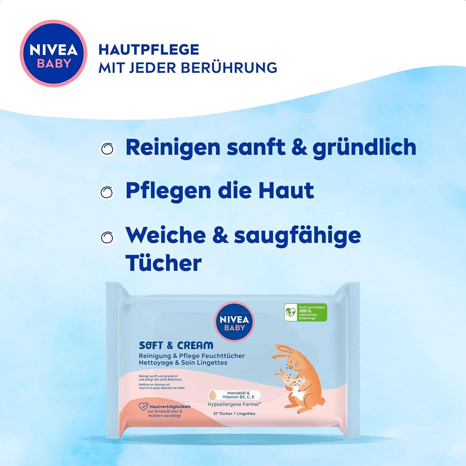 NIVEA BABY Soft & Cream Feuchttücher, Baby Feuchttücher Zur Sanften Reinigung Empfindlicher Babyhaut, Hypoallergene Feuchttücher Für Babies Mit Mandelöl and Vitaminen (4 X 57 Stück) Naty Shop