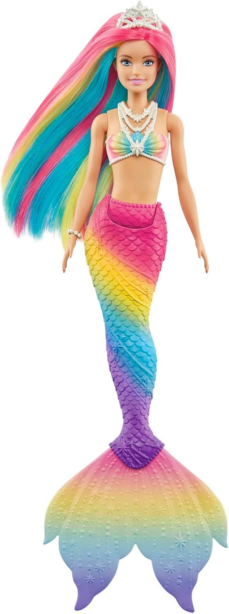Barbie Dreamtopia Sirène magique arc-en-ciel, Barbie sirène avec cheveux arc-en-ciel, poupée à couleur changeante, activée par l'eau, jouet pour 3 ans et plus, cadeau pour filles, GTF89