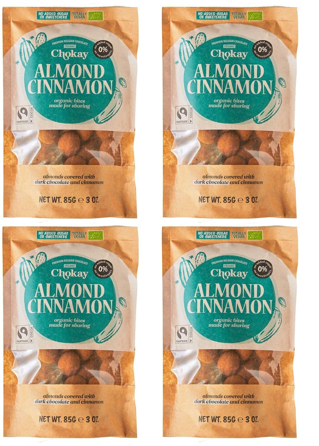 Ensemble de 4 bouchées biologiques - Amandes à la cannelle/Amandes à la cannelle dans du chocolat noir belge/Sans sucre ajouté, sans édulcorants/VEGAN & FAIR COMMERCE / 4 x 85g