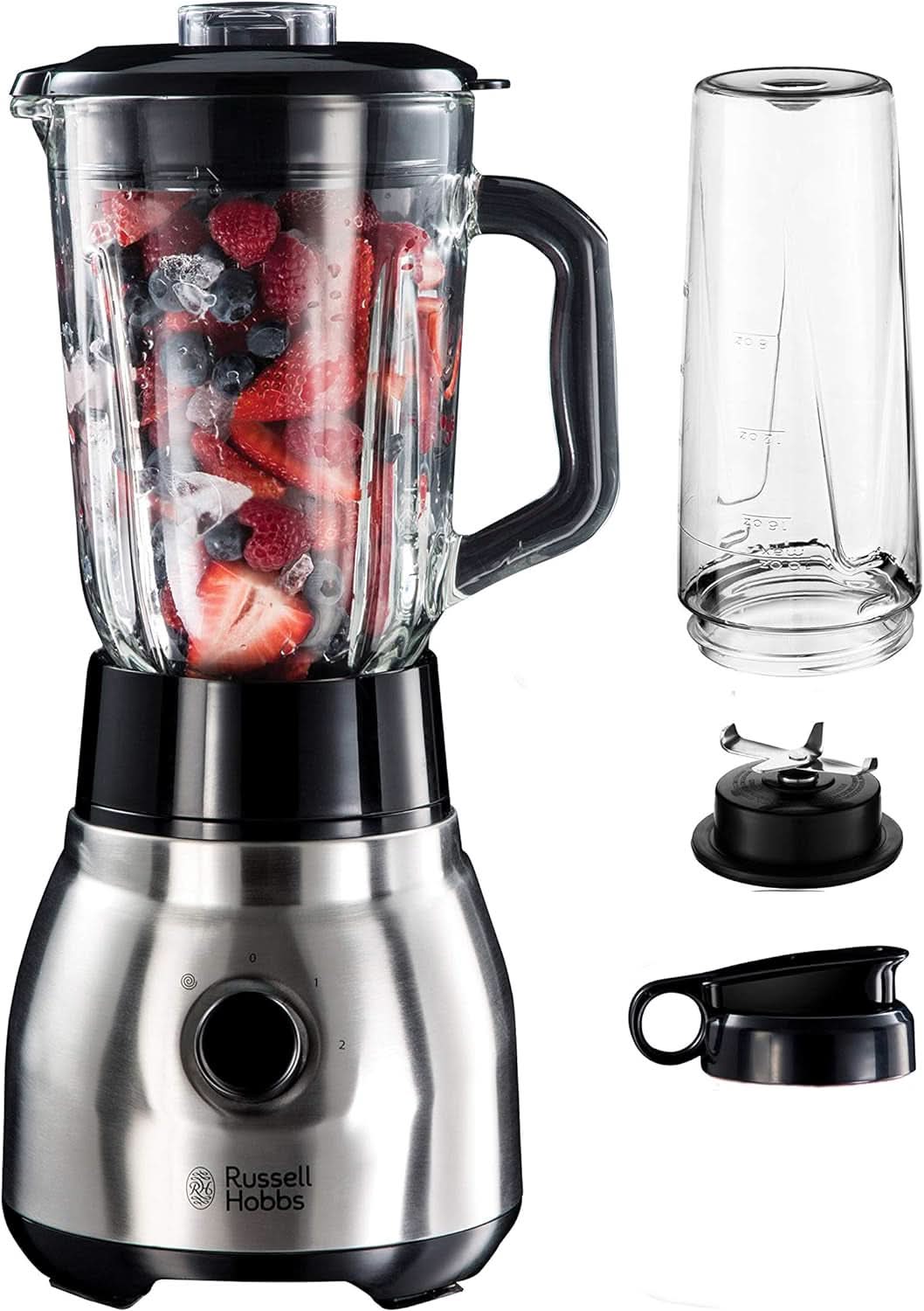 Russell Hobbs Batteur sur socle 2 en 1 [mélangeur en verre de 1,5 L et mini machine à smoothie de 0,6 L - To-Go-Trinkflasche Inkl. Deckel] Spülmaschinenfest, Impuls-/Ice-Crush Funktion, Becher BPA Frei, Edelstahl 23821-56 Kitchen Naty Shop Batteur sur socle 2-en-1