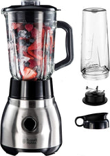 Russell Hobbs Batteur sur socle 2 en 1 [mélangeur en verre de 1,5 L et mini machine à smoothie de 0,6 L - To-Go-Trinkflasche Inkl. Deckel] Spülmaschinenfest, Impuls-/Ice-Crush Funktion, Becher BPA Frei, Edelstahl 23821-56 Kitchen Naty Shop Batteur sur socle 2-en-1