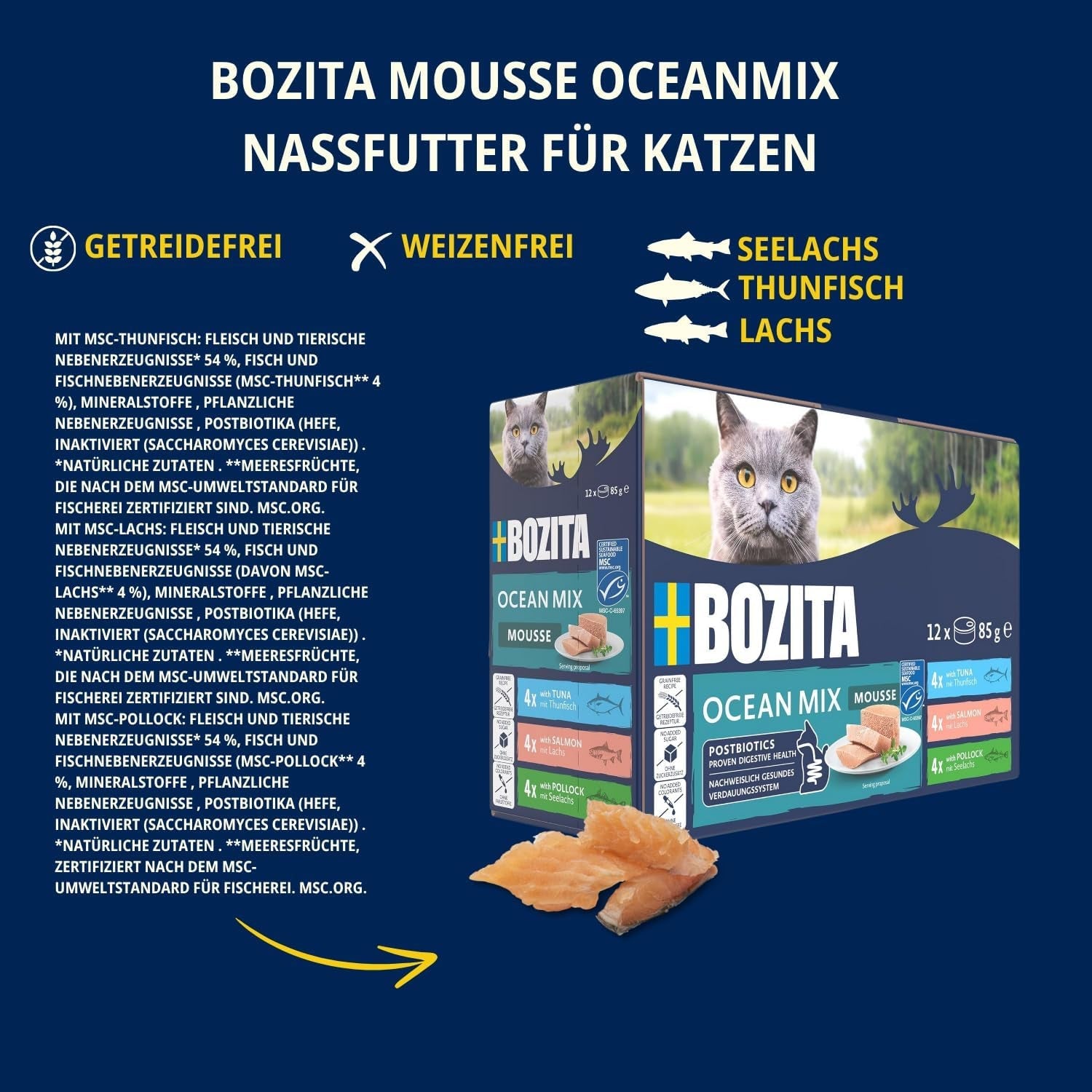Bozita Mousse Ocean Mix - 12 x 85g nourriture humide pour chat au thon, saumon ou morue jaune - sans céréales, sans sucre et colorants artificiels - avec postbiotiques pour une flore intestinale saine