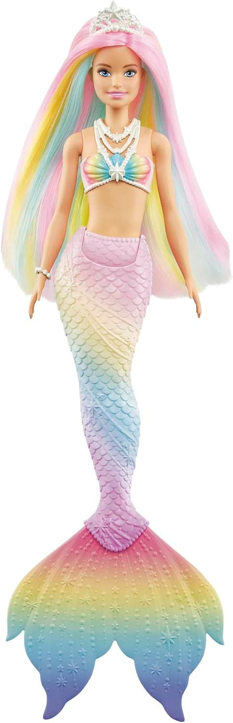 Barbie Dreamtopia Sirène magique arc-en-ciel, Barbie sirène avec cheveux arc-en-ciel, poupée à couleur changeante, activée par l'eau, jouet pour 3 ans et plus, cadeau pour filles, GTF89