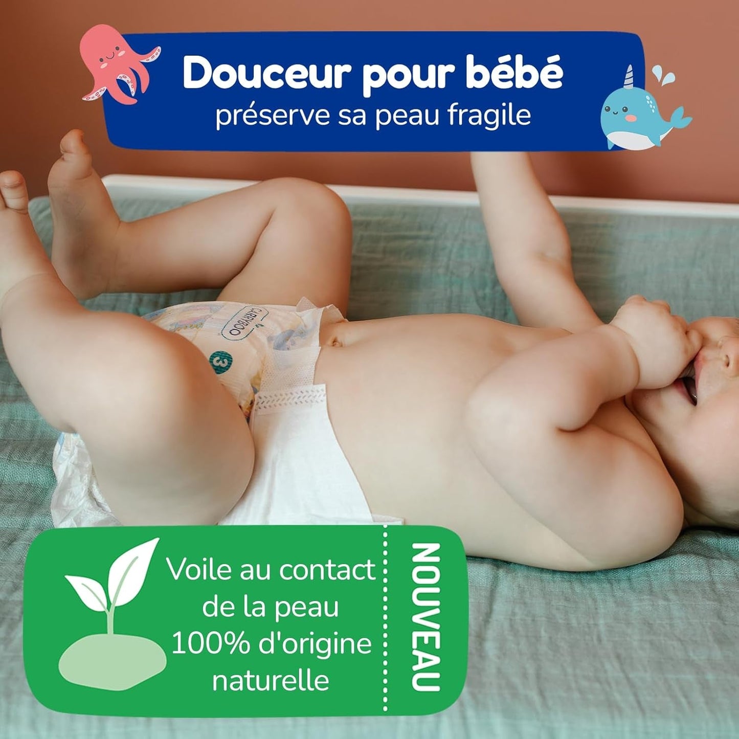 - Taille de couche 4+ 9-20 kg – Ökologische Babywaidern – natürliche Babypflege, hypoallergen, ohne Parfüm und auslaufsicher – hermestellung in Frankreich – 126 couches jetables – 1 mois