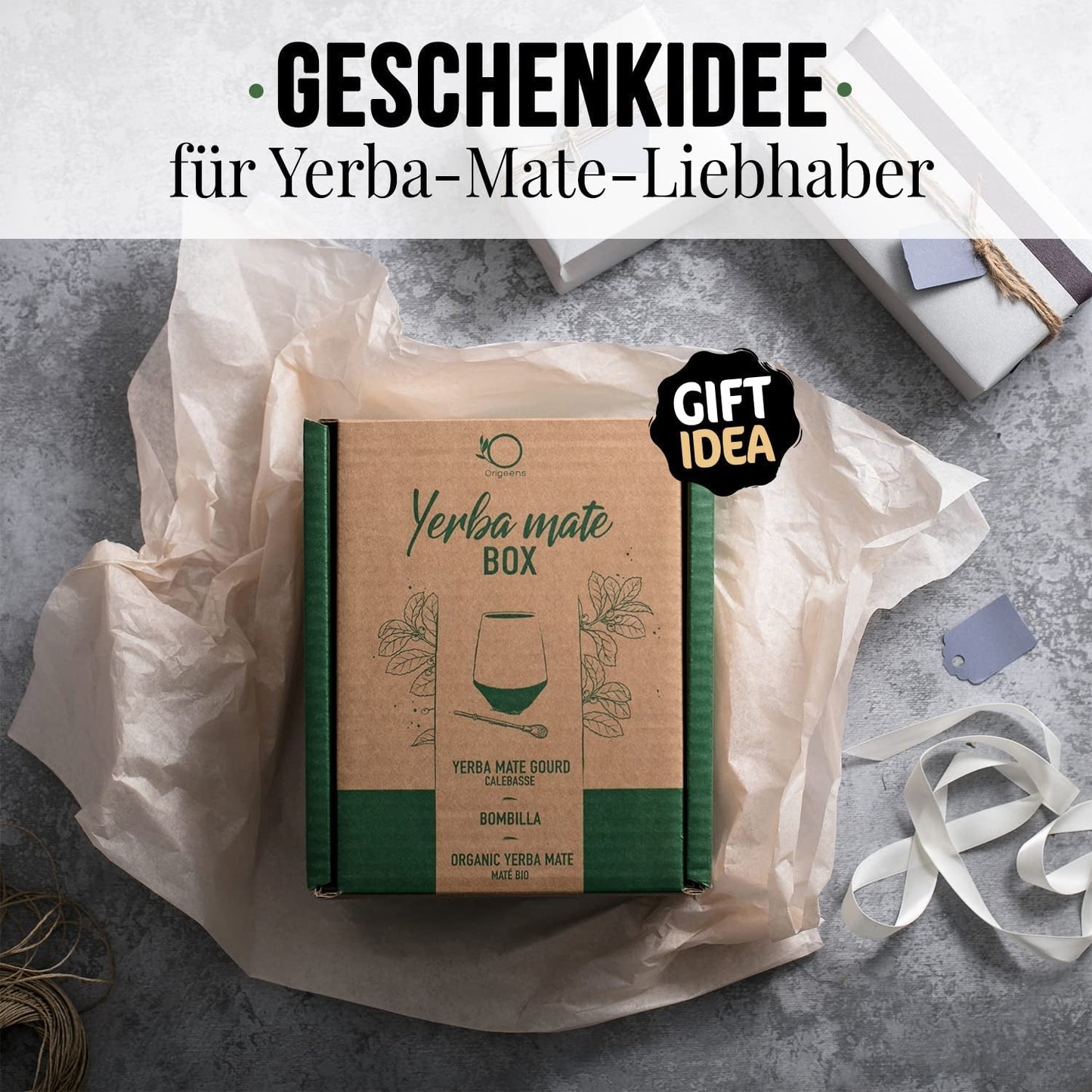 SERVICE À THÉ ORIGEENS MATE Avec tasse à maté portugais, bombilla et thé BIO Yerba Mate - Coffret cadeau original