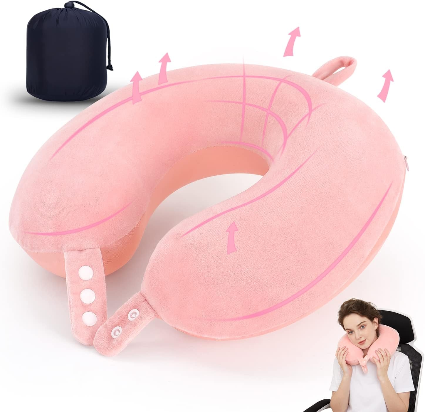 TALLGO Oreiller cervical de voyage, le meilleur oreiller d'avion en mousse à mémoire de forme pour appui-tête, oreiller doux réglable pour avion, voiture et maison, oreillers orthopédiques cervicaux roses Naty Shop Pink Standard