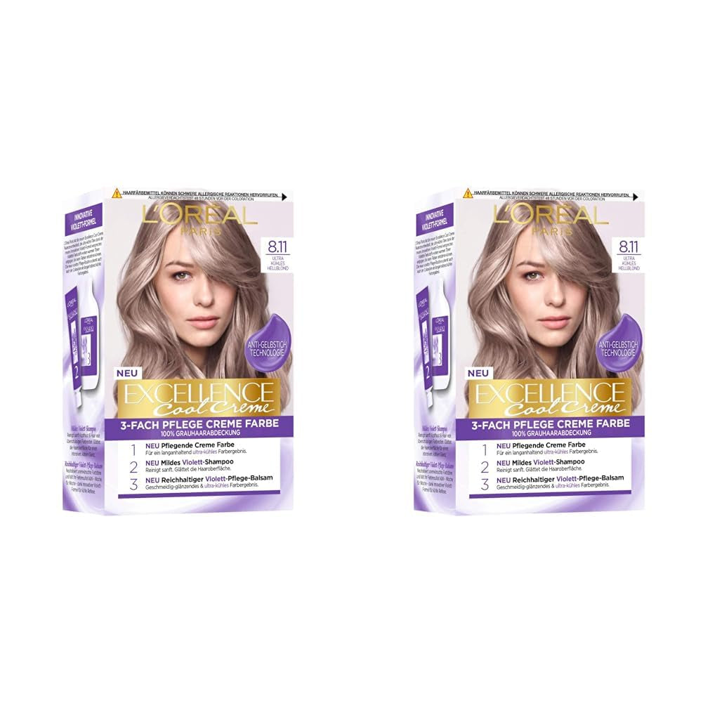 Résultat de coloration permanente L'Oréal Paris, couverture 100 % des cheveux gris, ensemble avec teinture, shampoing et crème de soin, Excellence Cool Creme, n° 8.11 Ultra Cool Light Blonde (Blonde) (2 paquets) Naty Shop Hair Dye Default Title