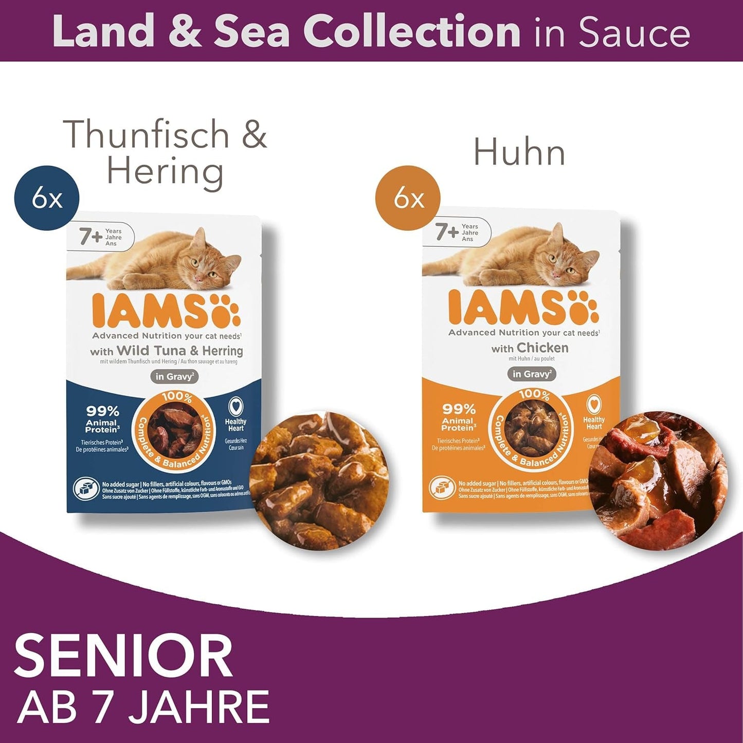 IAMS Delights Nourriture humide pour chats seniors - Multipack au poulet et poisson en sauce, nourriture humide de haute qualité pour chats de plus de 7 ans, 12 x 85 g