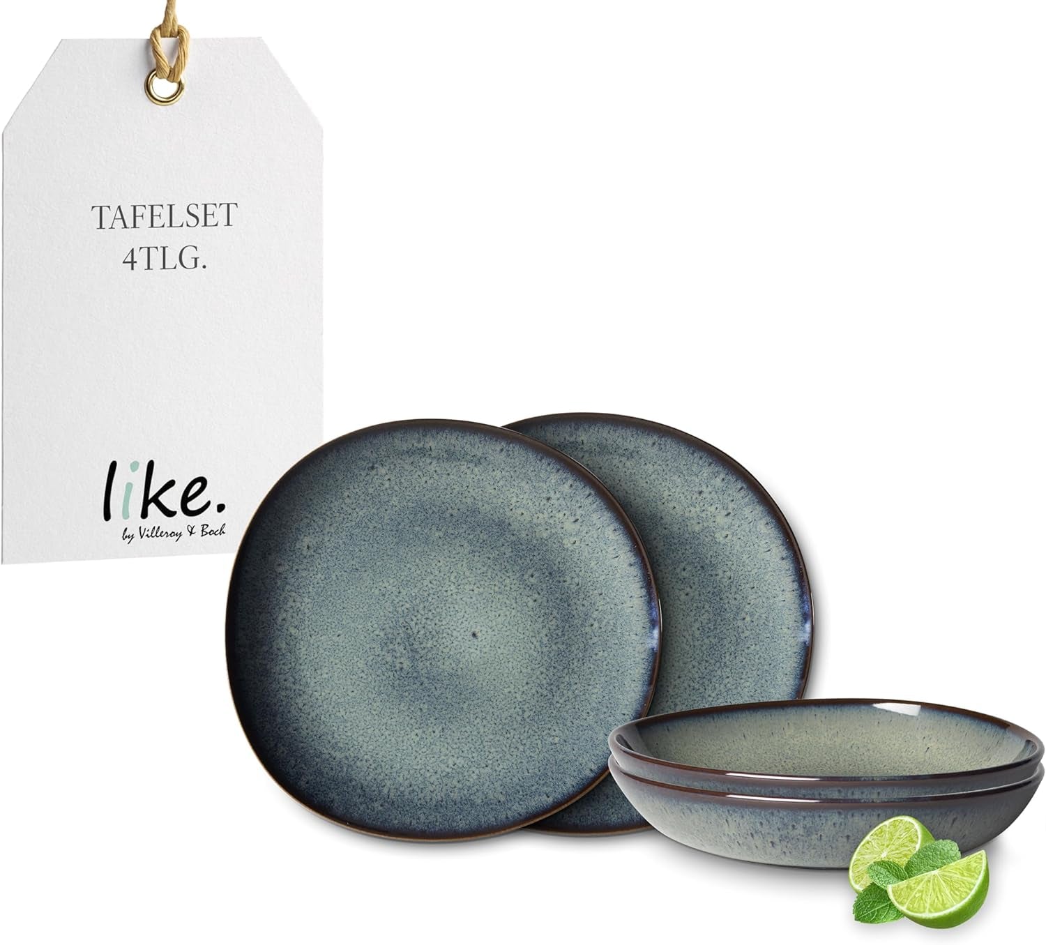 comme. de Villeroy & Boch - Service de table en grès Lave Gris, 4 pièces, aspect céramique, service de table pour 2 personnes, gris