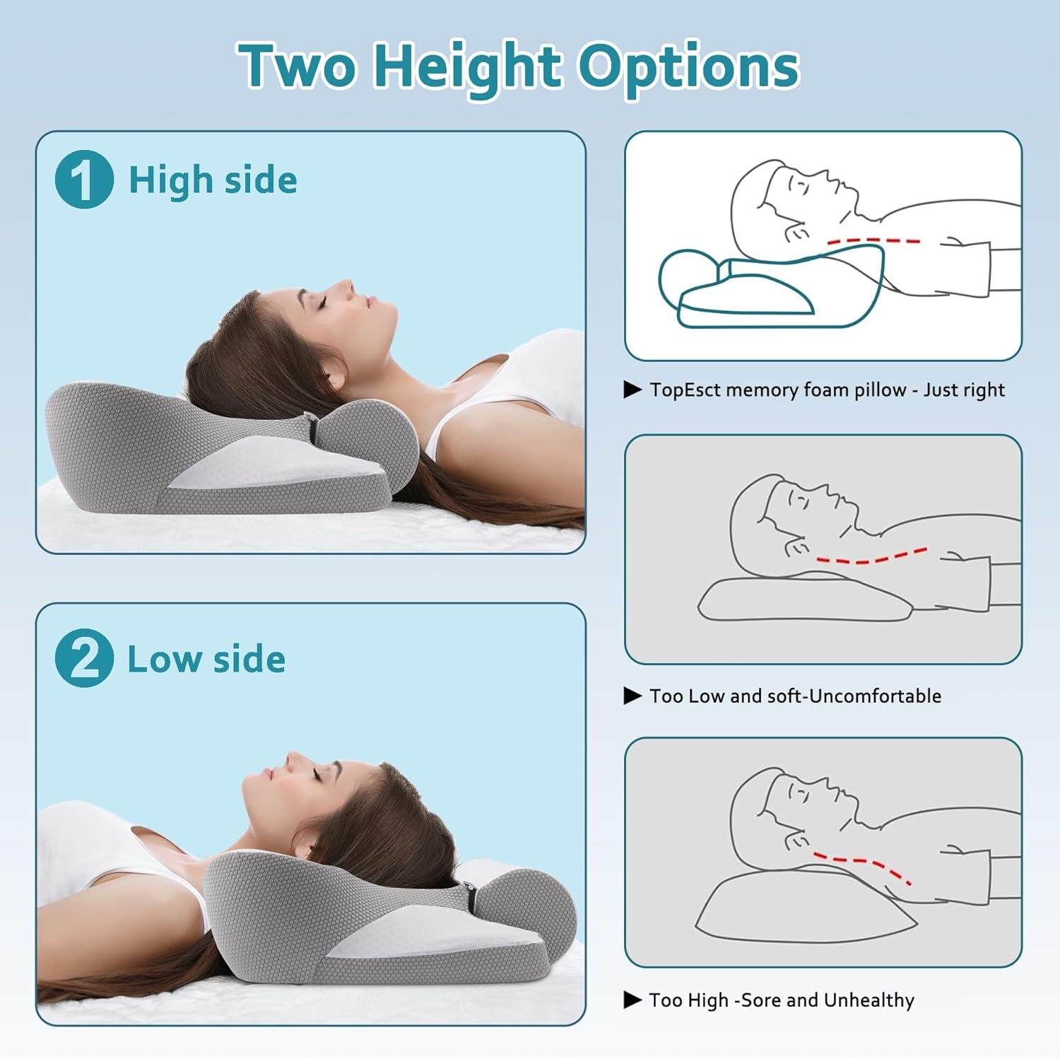 TopEsct Oreiller en mousse à mémoire de forme, oreiller pour dormeur latéral, oreiller cervical, oreiller de tête pour dormeurs sur le côté et sur le dos (gris)