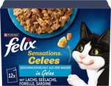 Felix Sensations Nourriture humide pour chat en gelée, mélange de poissons assortis, paquet de 6 (6 x 12 sachets de 85 g chacun)