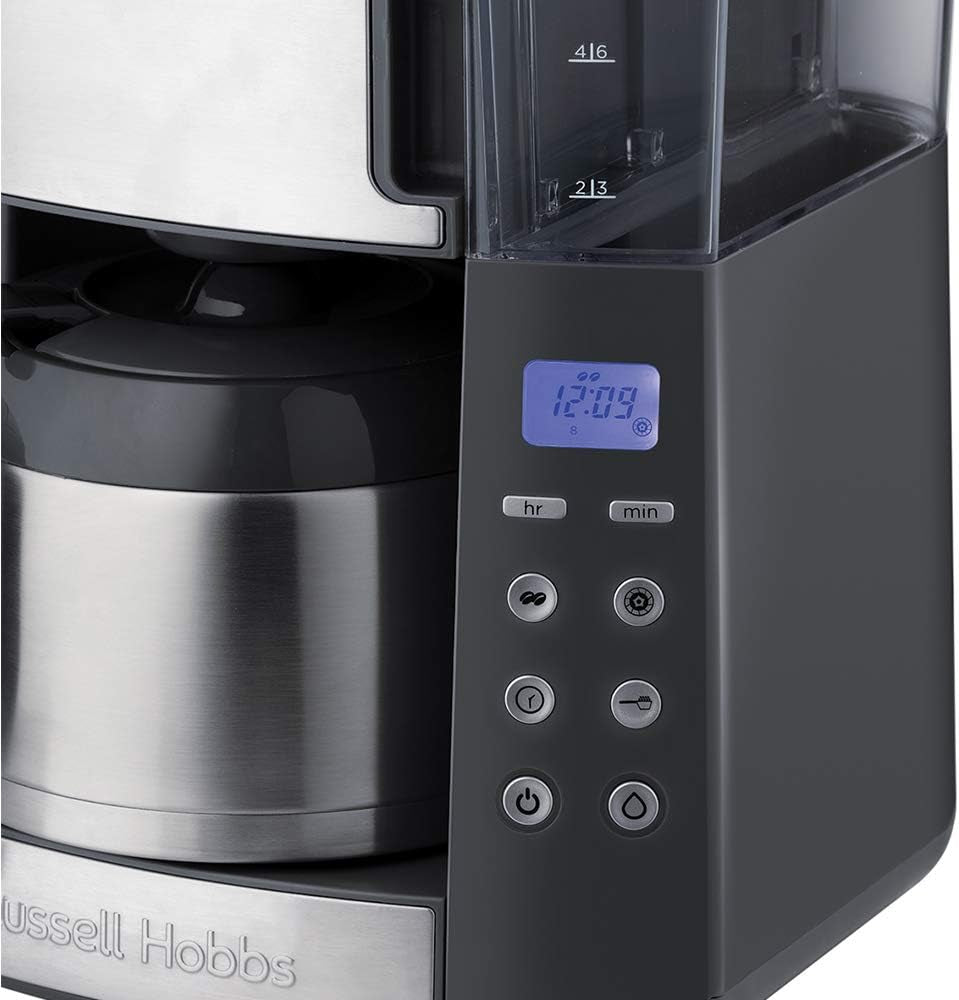Russell Hobbs Cafetière avec moulin et carafe thermique [minuterie numérique, pomme de douche pour une extraction et un arôme optimaux] Grind&Brew (1-10 tasses, 3 réglages de mouture) Cafetière à filtre 25620-56