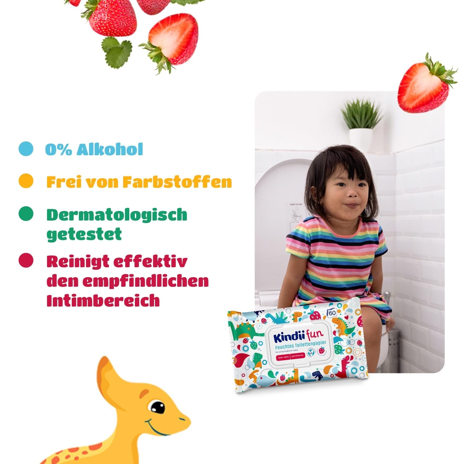Kindii Fun Wet Toilet Paper - (10X60 pièces) Papier toilette humide - Camomille, Aloe Vera, Ph-Neutre, Waterable, Rafraîchit la zone intime - 600 pièces